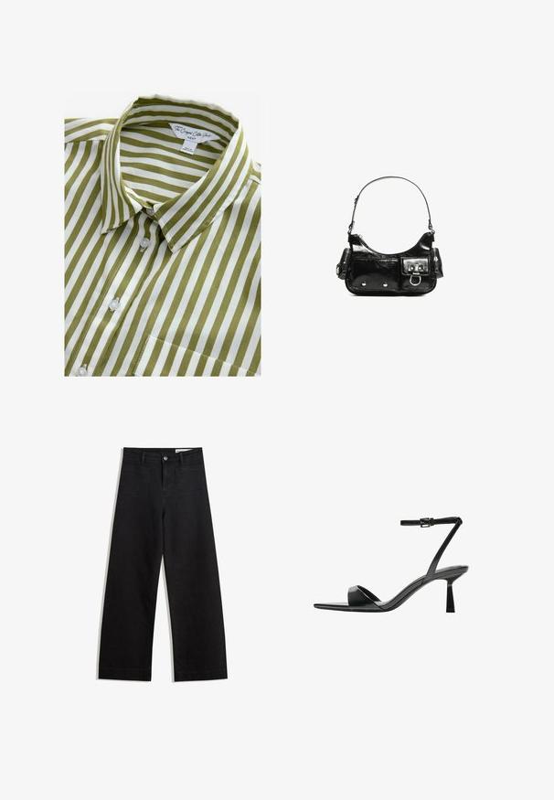 Zöld és fehér csíkos, rövid ujjú ing, galléros nyakkal, gombos elülső résszel és egy mellzsebbel. Simogató pamut anyagból készült.; Fekete, bő szabású farmernadrág magas derékkal, elülső és hátsó zsebekkel, varrott felületekkel és gombos záródással. Sima textúra.; Bershka Magas sarkú szandálok - black; Fekete lakkbőr kézitáska ívelt formával, egy vállpánttal, elülső zsebekkel és ezüstszínű fémrészletekkel.