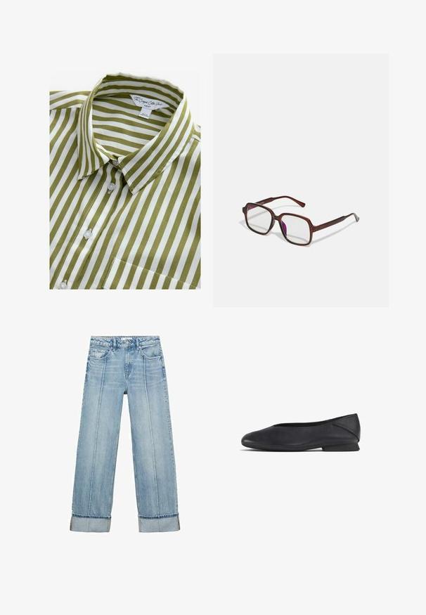 Zelena i bijela prugasta košulja kratkih rukava s ovratnikom, prednjim dugmadima i jednim džepom na prsima. Izrađena od glatkog pamučnog materijala.; Svijetloplave traper široke hlače s visokim strukom, s pet džepova, vidljivim šavovima i okrenutim rubovima na manžetama.; Crna kožna ravna cipela s okruglim prstom i niskom petom, dizajnirana za svakodnevno ili formalno nošenje.; Smeđe, pravokutne naočale s prozirnim lećama i ljubičastim nijansama. Glatki plastični okvir sa ravnim skrambljima i suptilnim akcentsima.; Crna tkana torba s dva čvrsta držača, s sjajnom teksturom i prostornim dizajnom bez zatvaranja.