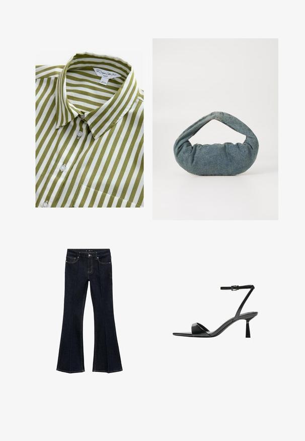 Groen en wit gestreept overhemd met korte mouwen, een kraag, knoopsluiting aan de voorkant en één borstzak. Gemaakt van gladde katoenstof.; Donkerblauwe denim jeans met hoge taille, voorzakken en wijd uitlopende pijpen, plat weergegeven op een witte achtergrond.; Bershka Sandalen met hoge hak - black; Blauwe denim tas met een gewatteerde, ronde vorm en een gebogen handvat. De textuur is zacht, met zichtbare stiksels en een gladde afwerking.