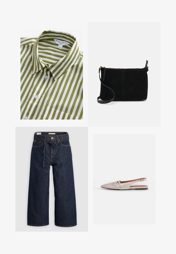 Zöld és fehér csíkos, rövid ujjú ing, galléros nyakkal, gombos elülső résszel és egy mellzsebbel. Simogató pamut anyagból készült.; Sötétkék, széles szárú farmernadrág, húzózsinóros derékkal, elülső zsebekkel és kontrasztos narancssárga varrási részletekkel.; Világos bézs szandál, hegyes orral, puha velúr textúrájú, két dekoratív csatos díszítéssel és alacsony, lapos sarokkal.; Fekete velúr keresztpántos táska cipzáros záródással, lapos, téglalap alakú dizájnnal és leválasztható pánttal a sokoldalúság érdekében. Sim felszín, minimalista stílus.
