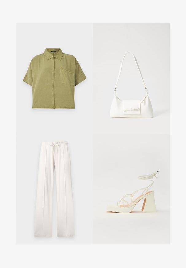 Short-sleeve khaki shirt with a zip front, pointed collar, and single chest pocket. Made from cotton with a textured finish.; Light beige sweatpants made of soft fabric, featuring a drawstring waist, wide legs, and vertical seams, with a smooth texture.; White high-heeled sandal with a chunky heel, featuring a strappy design and ankle tie. Smooth texture with a platform front for added height.; White synthetic handbag with a triangular shape, flat front flap and bow detail, adjustable strap, smooth texture, and minimalistic design.