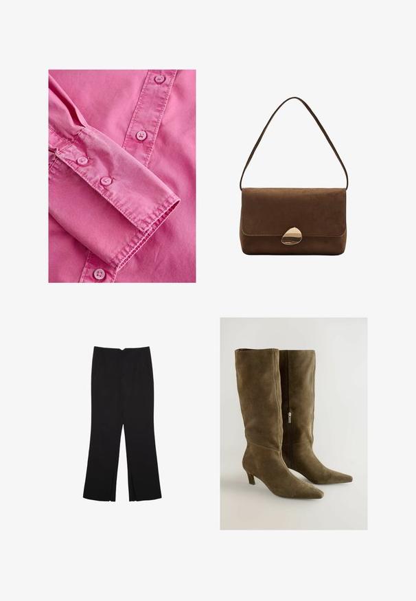 Różowa koszula z długim rękawem, z zapięciem na guzik w mankietach, o gładkiej fakturze i dopasowanych jasnoróżowych guzikach wzdłuż przedniej listwy.; Czarne spodnie o prostym kroju, z przednimi kieszeniami i bocznymi rozcięciami na dole. Wykonane z miękkiego, gładkiego materiału. Odpowiednie na różne okazje.; Zielono-oliwkowe zamszowe wysokie kozaki do kolan z wydłużonym noskiem i czarnym zamkiem błyskawicznym z boku. Posiadają skromny obcas i gładką fakturę.; Brązowa zamszowa torba na ramię z zakrzywionym złotym zapięciem i pojedynczym paskiem, prostokątnego kształtu z klapką.