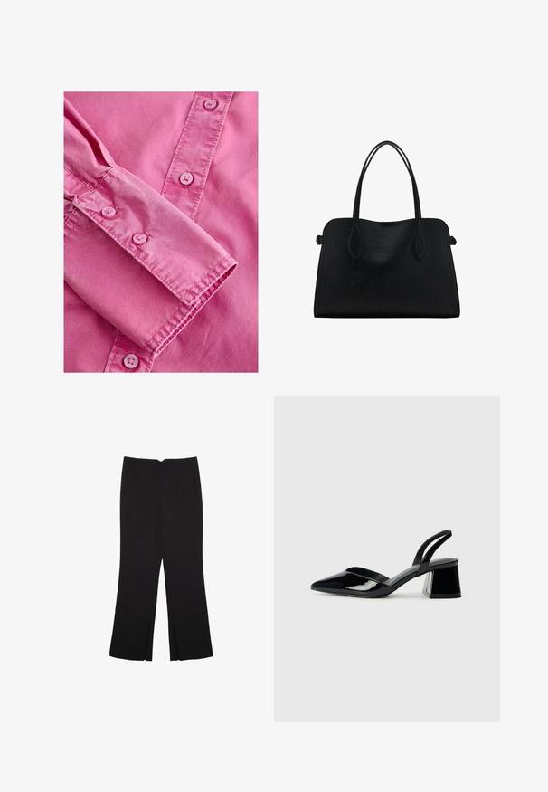Rosa Langarmhemd mit geknöpftem Manschette, das eine glatte Textur aufweist und passende hellrosa Knöpfe entlang der Vorderblende hat.; Schwarze Hose mit geradem Schnitt, ausgestattet mit Fronttaschen und Seitenschlitzen am Saum. Hergestellt aus weichem, glattem Stoff. Geeignet für verschiedene Anlässe.; Schwarze Lackleder-Slingback-High Heels mit spitzem Schuh und einem geometrischen Blockabsatz. Verfügt über ein schlankes, minimalistisches Design und eine glatte Textur.; Schwarze Lederhandtasche mit zwei Schulterriemen, rechteckiger Form und minimalistischem Design auf weißem Hintergrund.