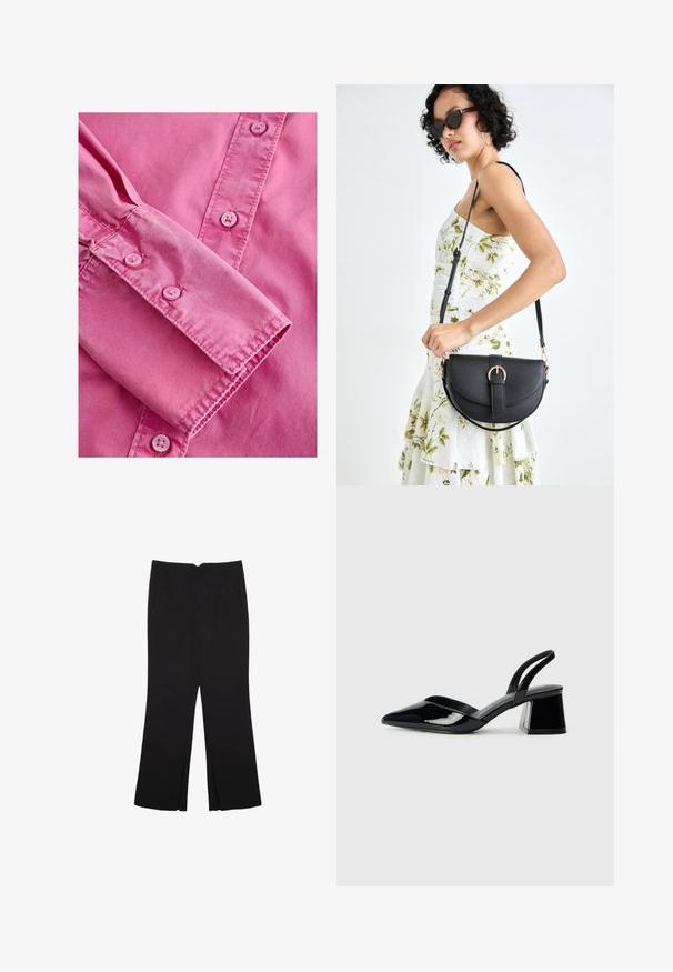 Camicia a maniche lunghe rosa con polsini abbottonati, caratterizzata da una texture liscia e bottoni rosa chiaro abbinati lungo la patta frontale.; Pantaloni neri a gamba dritta, con tasche frontali e spacchi laterali all'orlo. Realizzati in tessuto morbido e liscio. Adatti a diverse occasioni.; Décolleté in vernice nera con punta affusolata e tacco in geometria cubica. Presentano un design elegante e minimalista, con una texture liscia.; Borsa a tracolla nera in pelle con una forma curva, manico rimovibile e accessori dorati. La borsa presenta una patta con un dettaglio a fibbia.