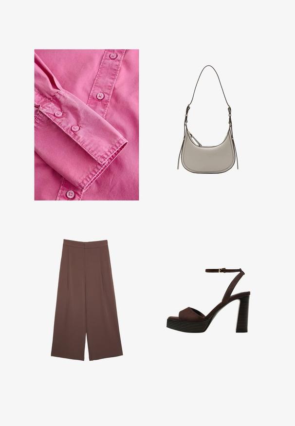 Camicia a maniche lunghe rosa con polsini abbottonati, caratterizzata da una texture liscia e bottoni rosa chiaro abbinati lungo la patta frontale.; Pantaloni ampi marroni con una texture liscia, caratterizzati da una vita alta e pieghe frontali. Il tessuto è leggero e scorre liberamente.; Sandal in camoscio marrone con tacco alto, punta aperta, cinturino alla caviglia regolabile e suola a piattaforma striata.; Mango Borsa a tracolla - off-white