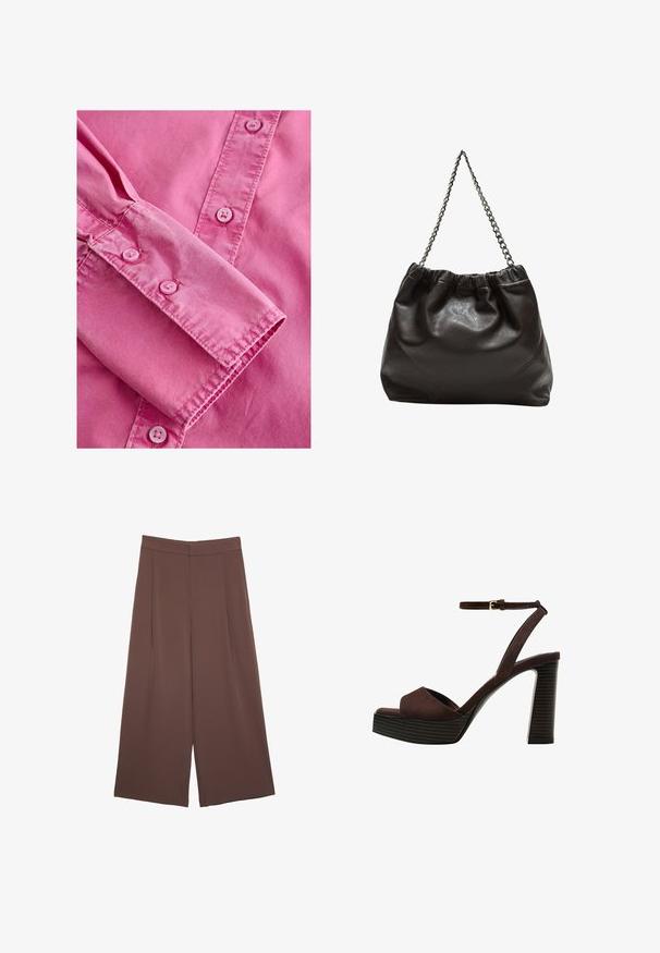 Vaaleanpunainen pitkähihainen paita napitettavalla hihansuulla, joka on sileä ja jossa on yhteensopivia vaaleanpunaisia nappeja etupuolella.; Ruskeat leveälahkeiset housut, joissa on sileä pinta, korkea vyötärö ja etupleat. Kangas on kevyttä ja laskeutuu väljänä.; Ruske kožne sandale s visokom potpeticom, otvorenim prstima, podesivim kopčanjem oko gležnja i prugastim platformskim đonom.; Ruskea nahkainen laukku, jossa on kerätty yläosa ja ketjuhihna. Tasainen pinta, jossa kiiltävä viimeistely ja hienovaraiset sauman yksityiskohdat sivuilla.