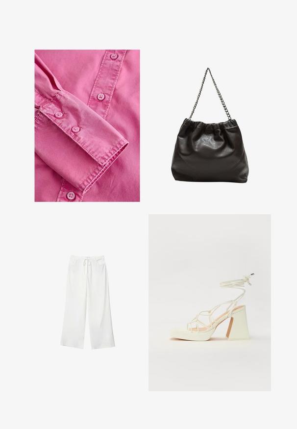 Pink long-sleeve shirt with a buttoned cuff, featuring a smooth texture and matching light pink buttons along the front placket.; White wide-leg pants made of soft fabric, featuring a drawstring waist and two front pockets. Smooth texture and no visible patterns.; White high-heeled sandal with a chunky heel, featuring a strappy design and ankle tie. Smooth texture with a platform front for added height.; Brown leather bag with a gathered top and a chain strap. Smooth texture with a glossy finish and subtle seam detailing on the sides.