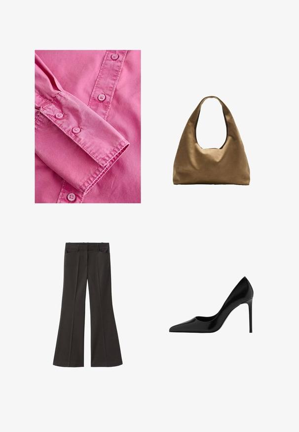 Camicia a maniche lunghe rosa con polsini abbottonati, caratterizzata da una texture liscia e bottoni rosa chiaro abbinati lungo la patta frontale.; Pantaloni neri a zampa d'elefante con vita alta; presentano due tasche frontali e una texture del tessuto liscia. Adatti per varie occasioni.; Scarpa con tacchi alti in vernice nera, punta affusolata, superficie liscia, tacco stiletto sottile, design minimale, senza motivi o accessori visibili.; Borsa a spalla in tessuto marrone con un corpo ampio e arrotondato e una grande maniglia a taglio. Texture morbida, design minimalista e senza hardware visibile.