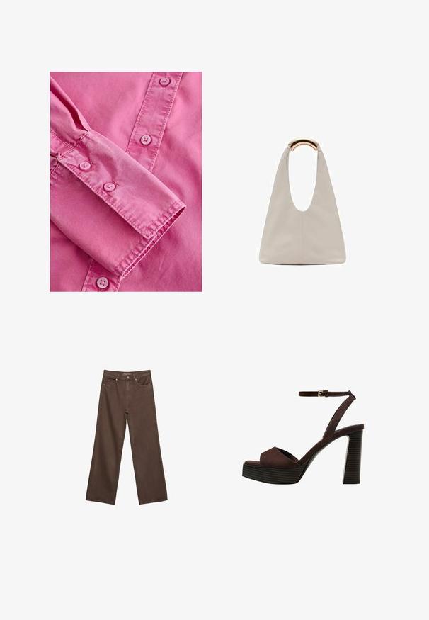 Růžová košile s dlouhým rukávem a buttoned cuff, vyrobená z hladkého materiálu a vybavená odpovídajícími světle růžovými knoflíky podél předního zapínání.; Hnědé džíny s širokými nohavicemi vyrobené z denimu, s vysokým pasem, předními kapsami a klasickým zapínáním na knoflík. Hladká textura s jemným švem.; Hnědé semišové sandály na vysokém podpatku s otevřenou špičkou, nastavitelným páskem kolem kotníku a proužkovou platformou.; Světlá šedá kožená taška s U-tvarovaným designem a zakřivenou kovovou rukojetí. Hladký povrch s minimálním šitím a bez viditelných vzorů.