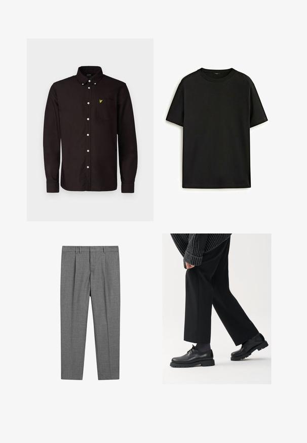 Lyle & Scott PLAIN - Overhemd - sediment; Zwarte katoenen t-shirt met een klassieke ronde hals, korte mouwen en een comfortabele pasvorm. Gladde textuur, zonder patronen of versieringen.; Grijze op maat gemaakte broek met een gestructureerde stof, voorzien van een platte voorkant, geplooide benen, riemlussen en een standaard tailleband.; Zwarte leren schoenen met een afgeronde neus, vetersluiting en een dikke, getextureerde zool. Draagt een gepaste zwarte broek en een geribbelde trui.