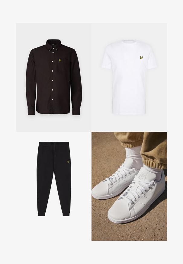 Lyle & Scott PLAIN - Skjorta - sediment; Vit bomulls-T-shirt med en liten svart och gul broderad logotyp på vänster bröst. Korta ärmar och rundad halsringning.; Svarta joggerbyxor med elastisk midjeresår och dragsko, avsmalnande ben med mudd, och liten gul broderad logga på höger lår.; Vita lädersneakers med en slät yta, med en klassisk snörningsdesign, perforeringar för andningsförmåga och en texturerad gummisula.