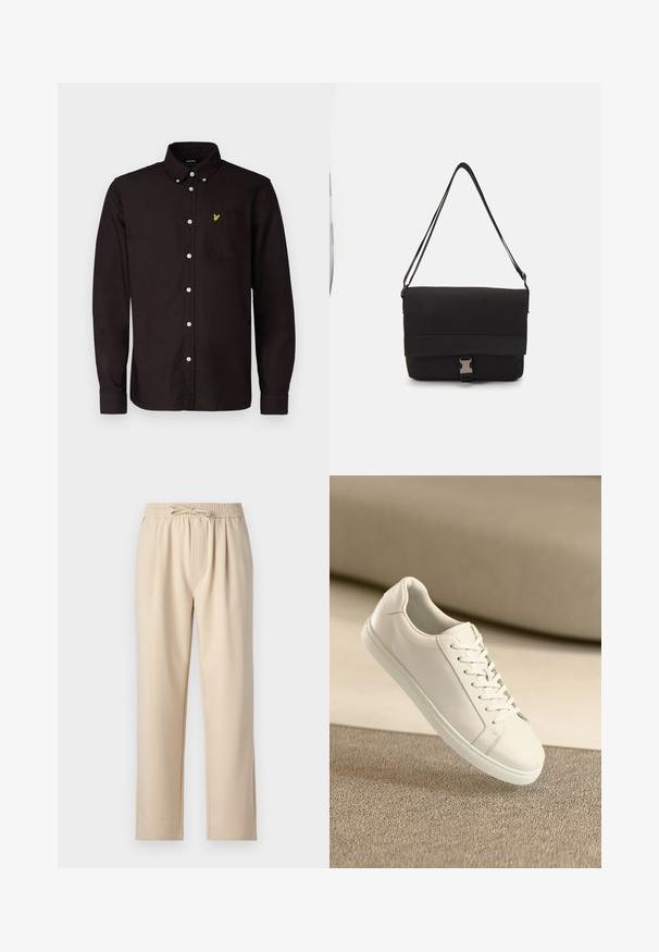 Lyle & Scott PLAIN - Pluus - sediment; Beežid püksid, millel on elastne vöökoht ja reguleeritav nöör, sirge jala disain ning pehme ja sile kangastekstuuri.; Valge nahast tenniseking valgete paeltega, esitatud beežil tekstureeritud pinnal ja pehmelt häguses taustal.; Mustmust kärjer, mis on valmistatud siledast materjalist, fold-over klapiga, hõbedaste kinnitustega ja reguleeritava õlarihmaga.