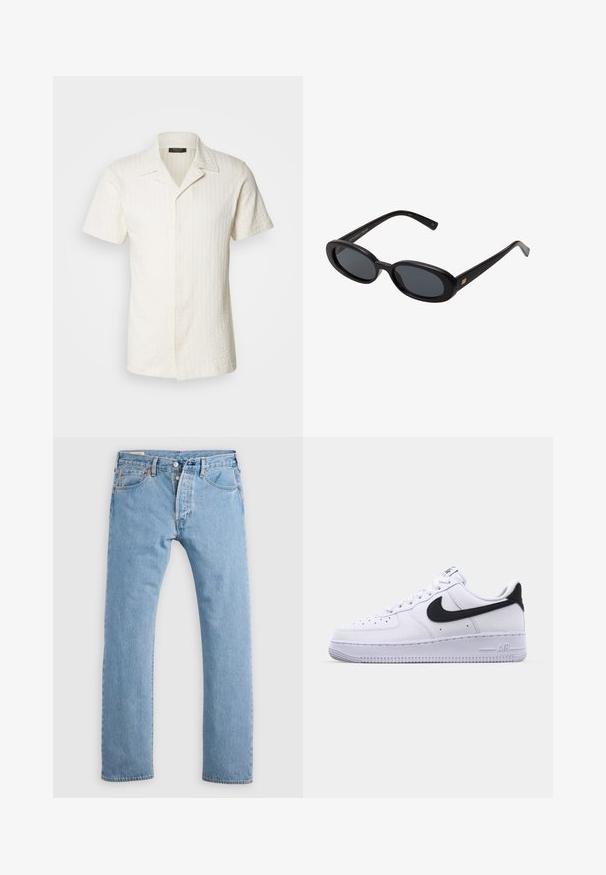 Kortermet skjorte med krage i off-white teksturert stoff, med vertikal striper og full knappestolpe.; Lyseblå rettskaftede denimjeans med knappeåpning, beltehemper og front- og baklommer, vist på en hvit bakgrunn.; Hvit lær sneakers med en teksturert svart Swoosh, flate lisser og en gummisåle med et rillemønster. "AIR" er preget på hælen.; Svart overdimensjonerte solbriller med ovale linser, glatt plastramme og gullakenter på bøylene. Mørke linser gir solbeskyttelse.