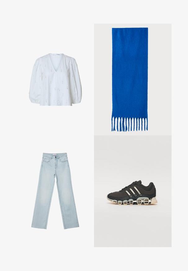 Weiße Bluse mit tiefem V-Ausschnitt, puffärmel und aufwendigem floralen Stickmuster. Leichter Stoff mit glatter Textur.; Hellblaue weit geschnittene Jeans aus Denim. Verfügt über fünf Taschen, einen Knopfverschluss und ausgeblichene Details. Klassischer gerader Schnitt mit lockerer Passform.; Schwarzer Sportschuh mit einer strukturierten Oberseite, drei silbernen Streifen und einer markanten Dämpfungssohle mit mehreren integrierten Sektionen.; Blauer gefranster Schal aus weichem Stoff; hat eine einfarbige Oberfläche mit strukturierter Textur und gleichmäßig geschnittenem Fransen am unteren Ende.; Schwarze Lederhandtasche mit geschwungener Form, abnehmbarem Tragegurt und goldenen Beschlägen. Die Tasche verfügt über einen Deckel mit einer Schnallen-Details.