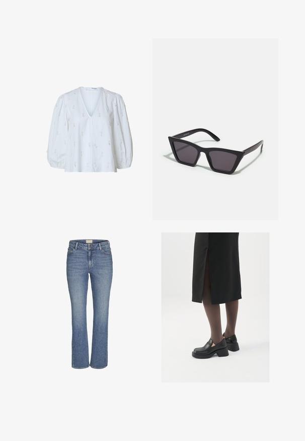 Valkoinen pusero, jossa on syvä V-pääntie, puffihihat ja monimutkaista kukkakirjontaa kauttaaltaan. Kevyt kangas, jolla on sileä koostumus.; Kesällysin suoralahkeiset farkut, jotka ovat keskipitkän sinisen väriset ja joissa on edessä nappi- ja vetoketjukiinnitys, vyölenkit sekä etu- ja takataskut.; Mustat nahkakengät pyöreällä kärjellä, paksulla lohkopohjalla ja joustavilla sivuakkesseilla, yhdistettynä tummiin sukkahousuihin ja mustaan hameeseen, jossa on halkio.; Mustat, kulmikkaat aurinkolasit harmailla linsseillä; valmistettu muovista, paksuilla varsilla, joissa on sileä pinta ja ilman näkyvää metalliosaa.; Pieni kerma beige käsilaukku, jossa on teksturoitu pinta, pitkä säädettävä olkahihna, ketjua korostava yksityiskohta ja läppälukko. Kultaista metalliosaa.; Kultaketjut kullasta, joissa on sileä, kiiltävä pinta. Pyöreä muotoilu, jossa on pieni tappi ja kirkas taustalevy turvalliseen käyttöön.