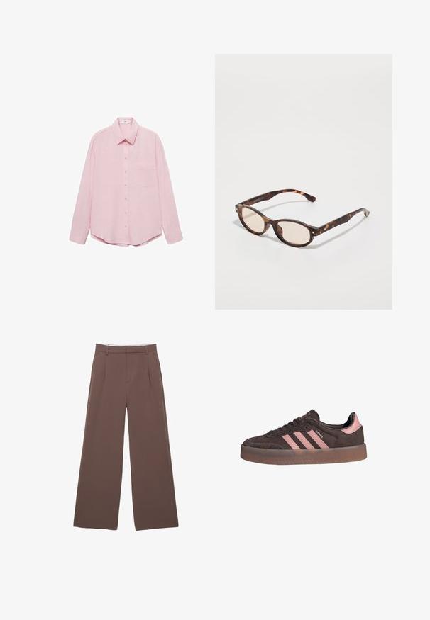 Mango Button-down blouse - pink; Wide-leg trousers in a solid brown fabric, featuring a smooth texture, front pleats, and a tailored waistband. No visible logos or patterns.; Brown suede sneaker with pink three stripes and heel accent. Features a round toe and a textured rubber sole with a transparent edge.; Tortoiseshell sunglasses with a rounded shape and light lenses. Features sturdy arms with small gold accents, made from plastic material.