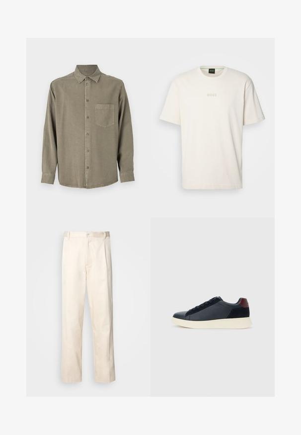 Camicia a maniche lunghe con bottoni in tessuto verde oliva. Presenta una tasca sul petto, colletto classico e polsini con bottoni. Tessuto morbido con vestibilità rilassata.; BOSS TEE - T-shirt basic - open white; Pantaloni in cotone beige con taglio dritto, dotati di chiusura a bottone e pence sul davanti per un tocco di dettaglio in più.; Sneaker da uomo a basso profilo in pelle nera e suede con linguetta sul tallone color bordeaux e suola in gomma bianca, vista dal lato esterno.