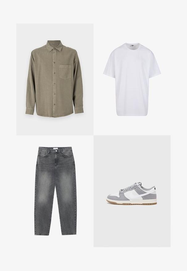 Camicia a maniche lunghe con bottoni in tessuto verde oliva. Presenta una tasca sul petto, colletto classico e polsini con bottoni. Tessuto morbido con vestibilità rilassata.; Maglietta bianca in cotone con maniche corte, scollatura rotonda, vestibilità comoda e senza loghi o motivi visibili. Texture liscia e design minimale.; Jeans a vita alta, dal taglio ampio in denim nero sbiadito. Presentano cinque tasche, passanti per cintura e un design dritto e pulito.; Sneaker grigia e bianca con tomaia in suede e pelle, punta arrotondata, lacci piatti e soletta in gomma con un accento color caramello.