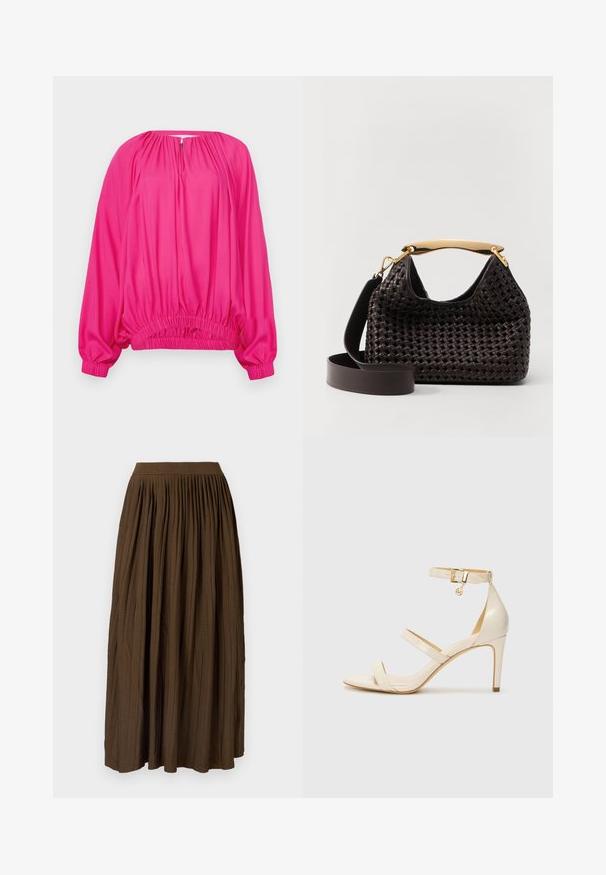 Fuchsiová blúzka s dlhým rukávom, so zberaným výstrihom a elastickým lemom; hladká tkanina s voľným, uvoľneným strihom.; Hnedá maxi sukňa s plisovaním a širokým elastickým pásom, vyrobená z textúrovanej látky, ktorá má vertikálne záhyby pre pridanie detailu a plynulosť.; Béžové sandále na vysokom podpätku s tenkým remienkom okolo členka a dvoma hornými remienkami. Lesklý lakovaný povrch a zlaté kovové detaily na remienku okolo členka.; Elleme BOOMERANG WOVEN - Kabelka - brown