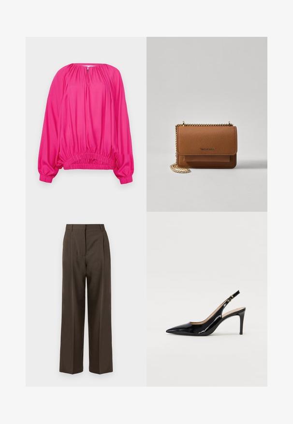 Fuksijas krāsas garās piedurknes blūze ar izplestu kakla izgriezumu un elastīgu apakšmalu; gluda auduma, brīvas un atvieglinātas formas.; Brūnas platā kāju bikses ar gludu tekstūru, ar augstu jostasvietu, priekšējām krokām un pielāgotu dizainu. Nav redzamu kabatu vai rotājumu.; Melnas lakotās ādas slingback kurpes ar izteiktu degunu, šauru papēdi un smalku izgriezumu dizainu. Siksniņai ir zelta sprādze.; Brūna teksturēta ādas plecu soma ar zelta ķēdes siksnu un atloka aizdari. Priekšpusē ir logotipa detaļa un kabata zem atloka.