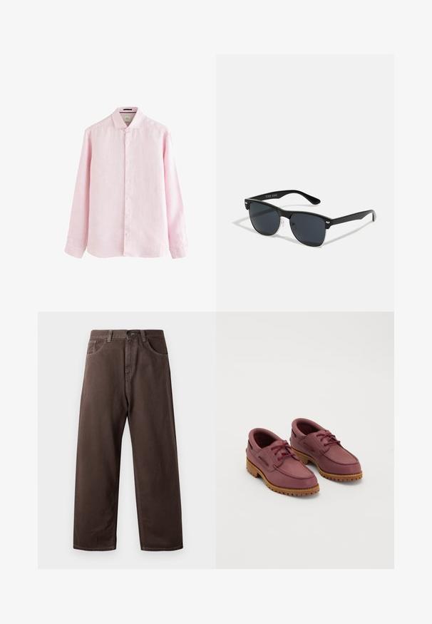 Gai rozā krāsa garām piedurknēm krekls, kas izgatavots no lina, ar pogu pievalku, priekšējo daļu ar baltām pogām un nedaudz izliekto apakšdaļu.; Brūnas platās bikses, izgatavotas no kokvilnas, ar klasisko piecu kabatu dizainu, ar rāvējslēdzēju un redzamām šuvju detaļām.; Maroon krāsas ādas laivu apavi ar bieziem brūniem gumijas zoleiem un sarkanām auklām uz baltā fona.; Melnas saulesbrilles ar taisnstūra formu, tumšiem stenģiem, sudraba akcentiem pie tempļiem un matētu apdari uz rāmja.