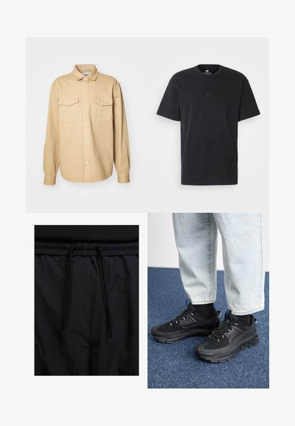 Beige napapaita valmistettu puuvillasta, jossa on klassinen kaulus, kaksi rinta-taskua ja pitkät hihat napillisilla hihansuilla.; Nike musta musta T-paita, jossa on klassinen pyöreä kaula-aukko, lyhyet etkä hihat sekä hillitty, kohopainettu logo rinnassa. Silkkinen rakenne.; Mustat shortsit, joissa on naru vyötäröllä, kevyestä kankaasta valmistettu, sileä tekstuuri ja yksinkertainen muotoilu ilman näkyviä logoja tai kuvioita.; Mustat urheilukengät, joissa on teksturoitu kangas ja kumipohjat, elastiset nauhat ja sininen yksityiskohta kannassa. Yhdistetty vaaleisiin farkkuihin.