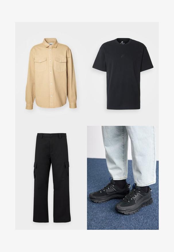 Camisa bege abotoada em algodão, com colarinho clássico, dois bolsos no peito e mangas longas com punhos abotoados.; T-shirt de algodão preto da Nike com um clássico decote redondo, mangas curtas e um logótipo em relevo discreto no peito. Textura suave.; Calças cargo pretas com um design de perna reta. Feitas de um tecido durável, apresentam dois bolsos laterais com fechos de aba e um fecho de botão.; Sapatilhas desportivas pretas com tecido texturizado e solas em borracha, apresentando atacadores elásticos e um detalhe azul no calcanhar. Usadas com calças de ganga claras.