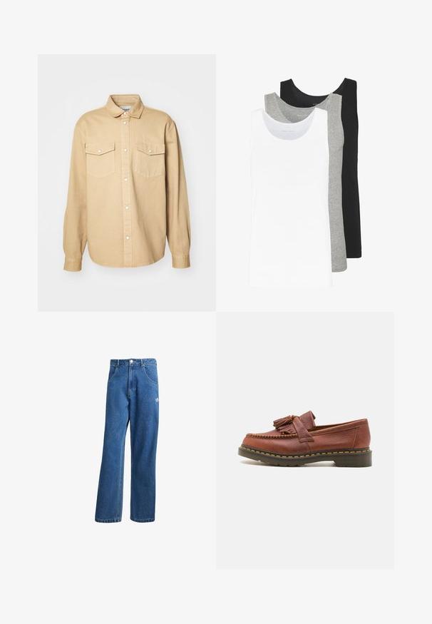 Beige skjorte med knapper laget av bomull, med klassisk krage, to brystlommer og lange ermer med knapper ved håndleddene.; Tre tank topper i hvit, grå og svart. Hver av dem har et klassisk ermeløst design, laget av lett bomullsstoff med en ribbestruktur.; Blå høyhalsede vide denimjeans med frontlommer, belteholdere, knappelukking og liten Adidas-logo på høyre lår.; Brune lærmokassin med frynser, teksturert overflate og kontrastfylt gul søm langs den svarte gummisålen. Sideutsikt.