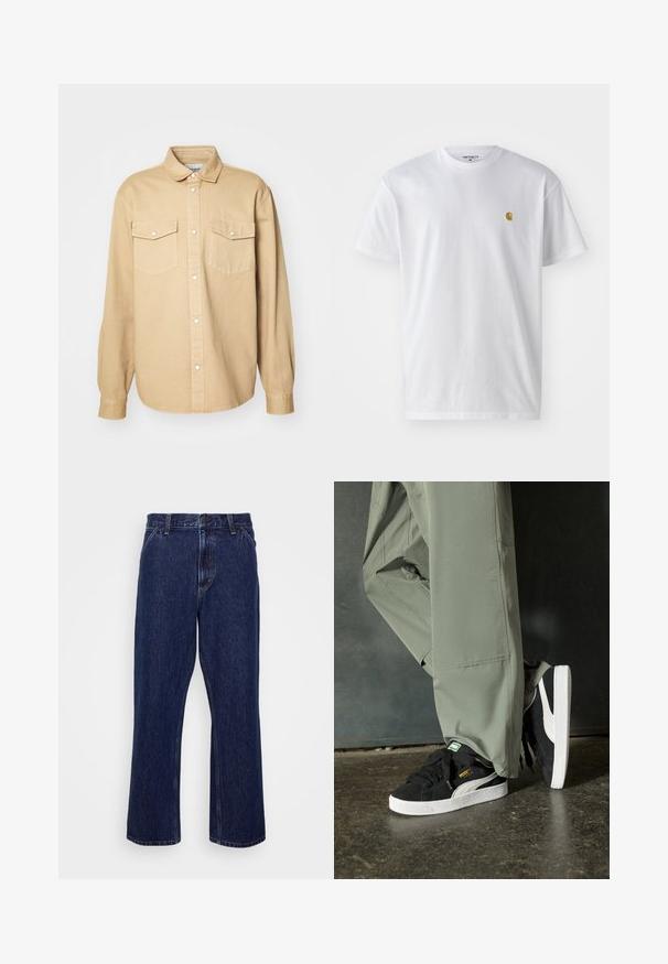 Beige button-down shirt van katoen, met een klassieke kraag, twee borstzakken en lange mouwen met knoopmanchetten.; Witte katoenen t-shirt met korte mouwen en ronde hals, voorzien van een klein gouden logo op de linkerkant van de borst. Zachte textuur en een normale pasvorm.; Donkerblauwe denim jeans met een recht-uitlopende pasvorm, voorzien van een knoopsluiting, vijf zakken en subtiele stikseldetails.; Zwarte suède sneakers met witte rubberen zolen en zijstrepen, gecombineerd met lichtgroene cargobroeken, staande op een gestructureerd donker oppervlak.