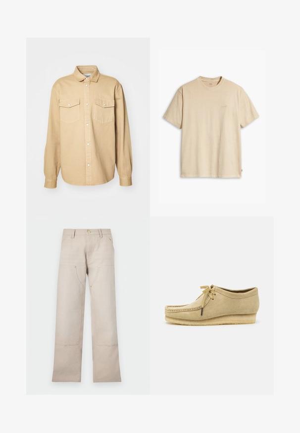 Beige gombos ing, pamutból készült, klasszikus gallérral, két mellzsebbel és hosszú ujjakkal, gombos mandzsettával.; Beige pamut póló kerek nyakkal és rövid ujjakkal. Az elülső részen, ugyanabban a színben, egy diszkrét "Levi's" logó található. Puha tapintású.; Beige színű pamut nadrág egyenes szabással, két elülső zsebbel és két cipzáros díszítéssel. Arany színű fém részletek.; Beige velúr cipő fűzővel, varrott részletekkel és gumitalppal. A fazon laza, enyhén sarokkal rendelkezik.