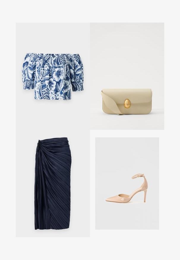 Blusa blu e bianca a fiori con scollo off-the-shoulder, maniche a sbuffo, scollatura elasticizzata arricciata e una vestibilità rilassata con un design tropicale.; Gonna midi plissettata blu navy con texture arricciata in vita, caratterizzata da pieghe verticali e una finitura liscia, progettata con una silhouette aderente.; Scarpa nuda in pelle verniciata con punta a stiletto, cinturino alla caviglia e tacco alto, caratterizzata da una superficie liscia e un design minimalista.; Borsa a tracolla in pelle beige con una superficie liscia, forma rettangolare e una chiusura ovale dorata. Dotata di una lunga tracolla regolabile.