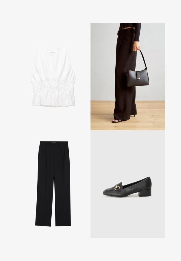 Biała bezrękawnik z głębokim dekoltem w serek, marszczonym elastycznym pasem i postrzępionym dołem. Wykonana z lekkiego, teksturowanego materiału.; Czarne spodnie o prostym kroju nogawek, z dwoma przednimi kieszeniami i paskiem w talii. Wykonane z gładkiego, lekkiego materiału.; Czarne skórzane loafersy z płaskim obcasem, z ozdobnym złotym detalem z przodu i gładką fakturą.; Czarna torebka o usztywnionym kształcie, gładkiej fakturze i metalowym zapięciem. Połączona z szerokimi czarnymi spodniami i sandałami na otwartym palcu na drewnianej podłodze.