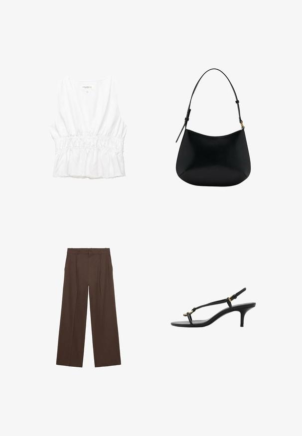 White sleeveless top with a deep V-neck, gathered elastic waist, and frayed hem. Made from lightweight, textured fabric.; Brown wide-leg trousers made of a smooth fabric, featuring a high waist, front pleats, and two side pockets.; Black leather kitten heel sandal with thin straps, gold buckle, and minimalist toe loop on a white background.; Black leather shoulder bag with a smooth texture, curved shape, and adjustable handle. Features minimal stitching and a simple design.