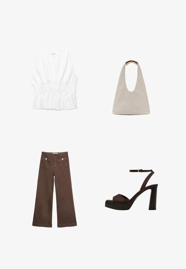 Bela brezrokavna majica z globokim V-izrezom, z nabranim elastikastim pasom in raztrganim robom. Narejena iz lahke, teksturirane tkanine.; Svetlo rjave široke hlače iz bombaža, ki vključujejo dva sprednja žepa s srebrnimi gumbi in gladko teksturo.; Rjave semiš sandale z visoko peto, odprto spredaj, z nastavljivim gležnjenjem in črtastim podplatom.; Svetlo siva usnjena torba z U-oblika zasnovo in ukrivljenim kovinskim ročajem. Gladka tekstura z minimalnim šivom in brez vidnih vzorcev.