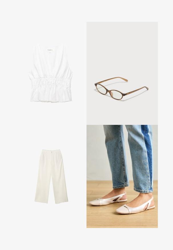 Vit ärmlös topp med djup V-ringning, samlad elastisk midja och fransad fåll. Tillverkad av lätt, texturerad tyg.; Breda byxor i krämfärgad tyg med en mjuk yta, med en enda knapp fram, subtila veck och en hög midja design.; Ljust rosa slingback-lägenheter med spetsig tå, tillverkade av ett slätt läderliknande material. Har utskurna detaljer på sidorna och en platt häl.; Bruna sköldpaddsformade glasögon med ovala linser, tunna skalmar och transparanta detaljer. Innehåller en diskret logotyp på bågen. Snygg, lätt design.; Vitt strukturerat handväska med korta handtag och en axelrem, med gyllene detaljer och texturerat material, visad mot en grå bakgrund.