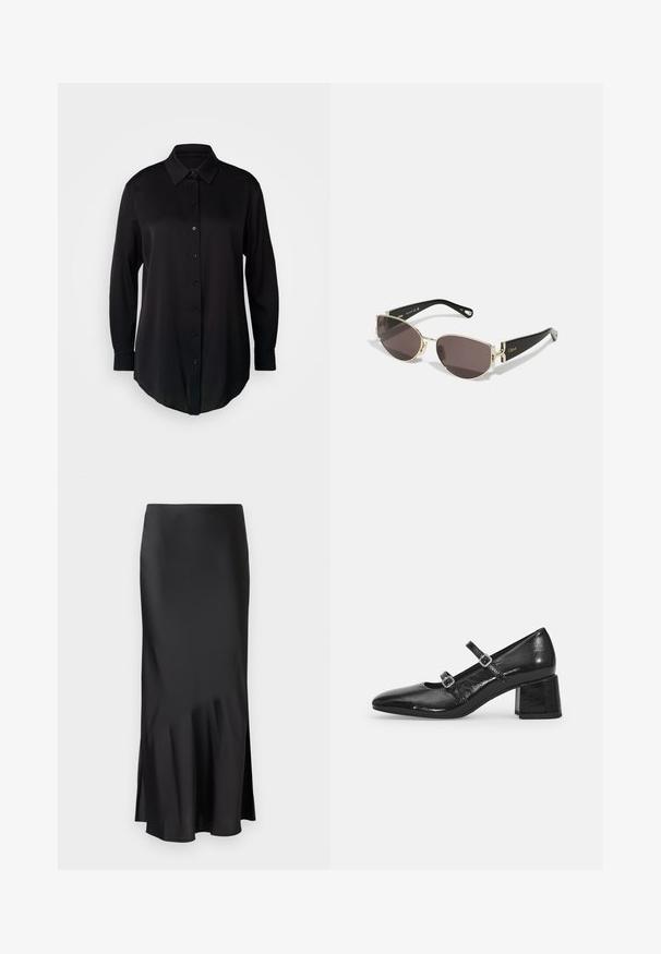 BOSS Button-down blouse - black; Black satin midi skirt with a sleek design, featuring a slight flare at the hem and side slit for ease of movement. Smooth texture.; Black patent leather Mary Jane shoes with a pointed toe, two adjustable straps, and a chunky block heel. Smooth texture and glossy finish.; Black and gold sunglasses with a narrow, oval frame, dark lenses, and decorative hardware at the temples. Lightweight and sleek design.
