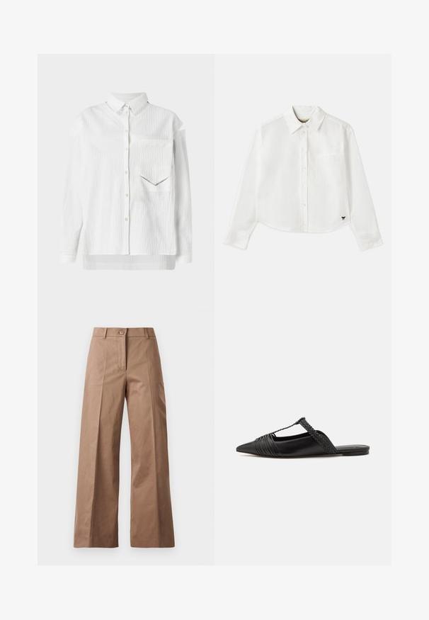 Camisa branca de botões com um padrão texturizado, gola e um bolso de remendo. Apresenta mangas longas e um corte reto na bainha.; Camisa branca de manga longa cropped em algodão. Apresenta fecho com botões na frente, um bolso no peito e um pequeno logotipo preto no canto inferior esquerdo.; Calças largas castanhas feitas de um tecido suave, com fecho frontal por botão, dois bolsos frontais e linhas limpas e ajustadas.; Sapatilha slingback em couro preto com bico pontudo, apresentando um detalhe trançado e um design superior plissado. Sola plana com hardware mínimo.