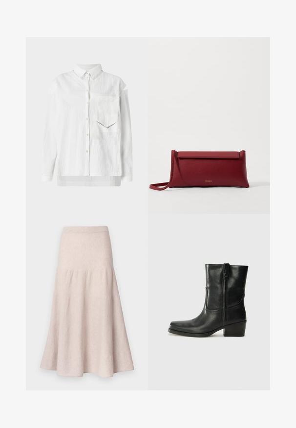 Balts pogcaurumi krekls ar teksturētu rakstu, ar apkakli un kabatu uz krūtīm. Piedāvā garas piedurknes un taisnu apakšmali.; Melna tops ar plānām spaghetti siksniņām, izgatavots no ribota auduma, ar taisnu griezumu un uzrakstu uz kakla izgriezuma "IVY OAK."; Gaiši bēša izpletusies svārki no mīksta auduma, ar augstu vidukli un savāktu dizainu ar plūstošu siluetu.; Melna ādas potīte ar noapaļotu purngalu, bloku papēdi, sānu rāvējslēdzēju un šuvju akcentiem uz virsmas. Gluda tekstūra, klasiskā dizaina.; Sarkans ādas klasisks maciņš ar teksturētu virsmu, ar plakanu salokāmu augšpusi un īsu siksniņu. Uz priekšpuses ir smalks zīmola logo.