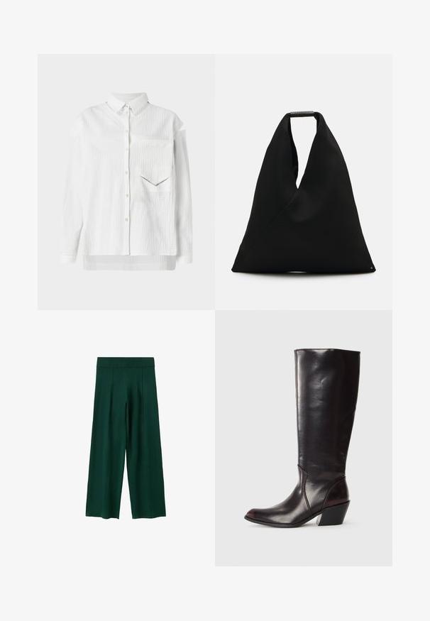 Camicia bianca con bottoni, caratterizzata da un motivo testurizzato, colletto e taschino. Presenta maniche lunghe e orlo dritto.; Pantaloni a gamba larga verde scuro realizzati in tessuto morbido. Presentano una vita a coste, pieghe sul davanti e una texture liscia.; Stivale in pelle marrone scuro, alto fino al ginocchio, con punta appuntita, tacco a blocco angolare e superficie liscia e lucida. Presenta un design pulito e dettagli di cucitura.; Borsa tote in tessuto nero con un design unico a forma di V e una texture liscia. Presenta un manico corto con dettagli hardware minimalisti.