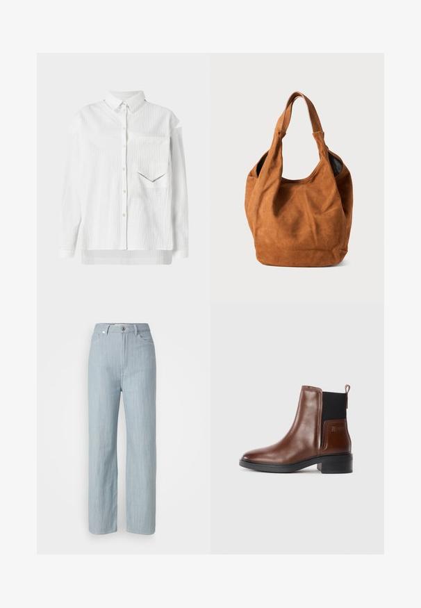 Bela srajca z gumbom, s teksturiranim vzorcem, ovratnikom in žepek. Ima dolge rokave in ravno rob.; Svijetloplave traperice ravnog kroja. Imaju pet džepova, metalno kopčanje na dugme i suptilno izbjeljivanje za teksturu.; Rjava usnjena gležnjerja s flat črnim peto, elastičnimi stranskimi paneli in zadnjim trakom za enostavno obuvanje. Gladka tekstura z minimalnim okrasjem.; Rjava semiš torba za ramo z mehkobo, ukrivljeno obliko in dvema ročajema. Ima minimalen dizajn brez vidnih kovinskih delov ali okrasnih elementov.