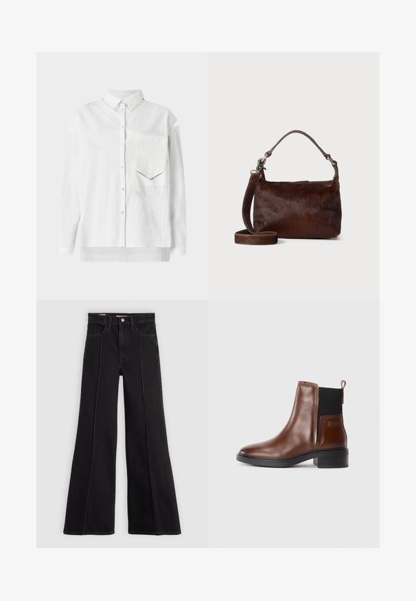 White button-up shirt with a textured pattern, collared neck, and a patch pocket. Features long sleeves and a straight-cut hem.; Black high-waist wide-leg jeans with front seam detailing, button closure, belt loops, and front pockets on a plain light background.; Brown leather ankle boot with a flat black heel, elastic side panels, and a rear pull tab for easy wear. Smooth texture with minimal detailing.; Brown leather handbag with a soft, textured fur-like exterior, slim design, a short handle, and a detachable strap.