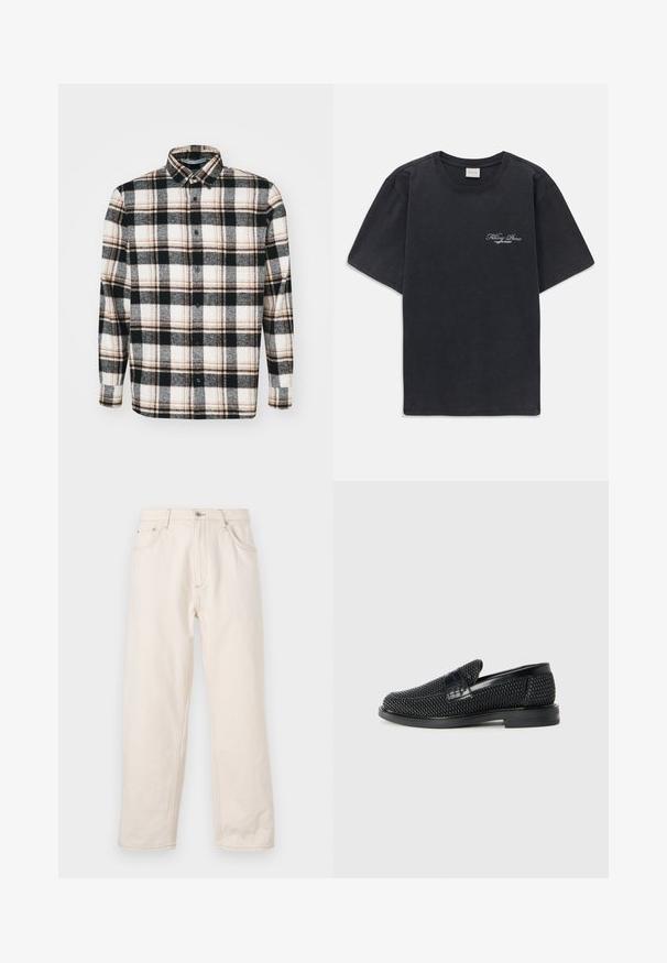 Flanellhemd mit einem schwarz-weißen-grauen Karomuster und braunen Akzenten. Lange Ärmel, durchgehende Knopfleiste und klassischer Kragen.; Schwarzes T-Shirt mit kurzen Ärmeln und Rundhalsausschnitt, mit kleinem weißen "Filling Pieces"-Textlogo auf der linken Brust.; Beige gleich geschnittene Jeans aus Denim, mit Knopfverschluss, fünf Taschen und sichtbaren Nähten. Glatte Textur.; Schwarzer geflochtener Slipper mit einem glatten Lederakzent im Obermaterial, einem runden Zehendesign und einer flachen Gummisohle.