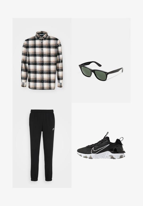 Camicia in flanella con un motivo a quadri nero, bianco e grigio con dettagli marroni. Maniche lunghe, chiusura frontale con bottoni e colletto standard.; Pantaloni da jogger neri con vita elasticizzata, polsini alle caviglie e un piccolo logo Nike bianco sul lato sinistro. Realizzati in un morbido tessuto testurizzato.; Scarpa sportiva nera con tomaia in tessuto testurizzato, il logo Nike bianco e una suola spessa bianca. Presenta un occhiello sul tallone per indossarla facilmente.; Occhiali da sole in plastica nera con lenti verdi, montatura quadrata, dettaglio argento sulla parte superiore e steli con texture. Marchio indicato sulla parte interna dello stelo.