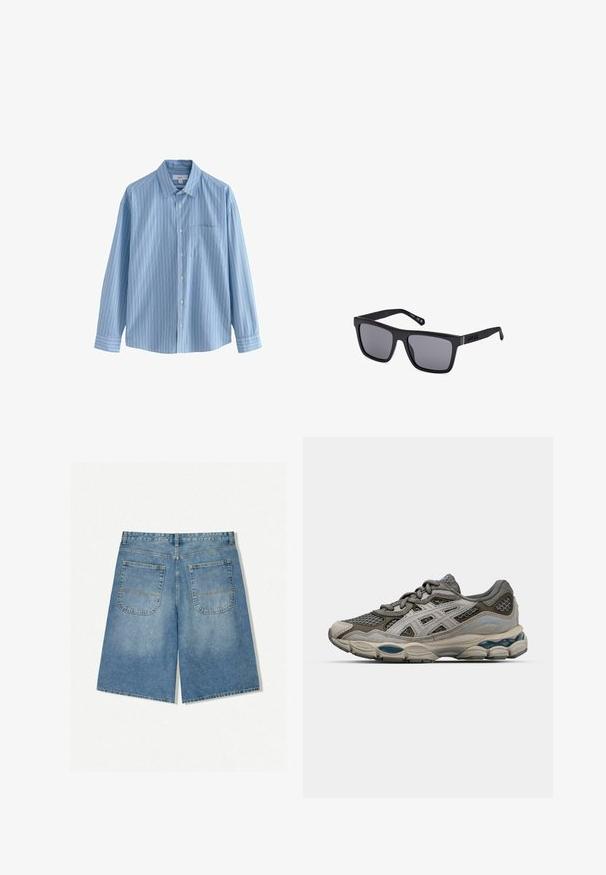 Světle modrá košile s dlouhým rukávem, vertikální bílé a modré pruhy, zapínání na knoflíky, klasický límec a náprsní kapsa na levé straně.; Džínové šortky v světle modré barvě s volným střihem, které mají dvě zadní kapsy a viditelné švy. Tkanina má jemnou, hladkou texturu.; Šedá a béžová sportovní obuv s síťovinovými panely, tečkovanou texturou a stříbrnými akcenty. Má odpruženou podrážku a zavazovací design.; Černé obdélníkové sluneční brýle s tmavými čočkami, matným povrchem a detaily loga na stranici. Design má rovné hrany a silné rámy.