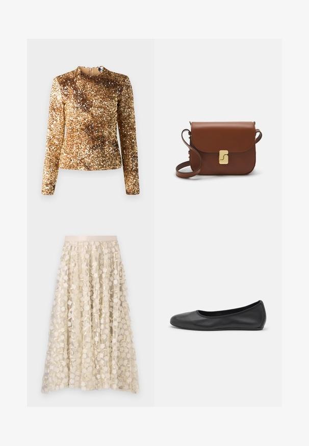 Gul paliet top med lange ærmer, høj hals og tætsiddende silhuet. Glat tekstur, ensartet glimtende mønster, skjult lynlås i ryggen.; Hvid kortærmet t-shirt lavet af ribbet stof. Rund halsudskæring, almindelig pasform og subtile syninger. Ingen mønstre eller grafik.; Blomsterbroderi på en gennemsigtig, cremefarvet nederdel med satinliv. Designet har små, delikate blomster og blade.; Sort læderballetsko med rund tå, glat tekstur, minimal syning og et fleksibelt såldesign.; Brun læder håndtaske med flaplukning, hardware i gyldent tone, en skulderrem og en glat overflade. Kompakt rektangulær form.