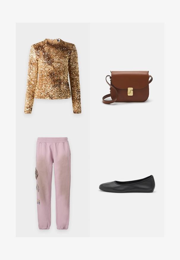 Goldfarbener Pailletten-Oberteil mit langen Ärmeln, hochgeschlossenem Kragen und figurbetonter Silhouette. Glatte Textur, einheitliches schimmerndes Muster, verdeckte Reißverschluss hinten.; Weißes kurzärmliges T-Shirt aus geripptem Stoff. Runder Halsausschnitt, normale Passform und dezente Nähte. Keine Muster oder Grafiken.; Rosa Sweatpants mit elastischem Bund, verziert mit dekorativen Patches in Diamantform auf der linken Seite und elastischen Bündchen an den Knöcheln.; Schwarze Leder-Ballettschuhe mit abgerundeter Spitze, glatter Textur, minimalen Nähdetails und einem flexiblen Sohlen-Design.; Braune Ledertasche mit Klappenverschluss, Beschlägen in Goldfarbe, einem Schultergurt und einer glatten Oberfläche. Kompakte rechteckige Form.