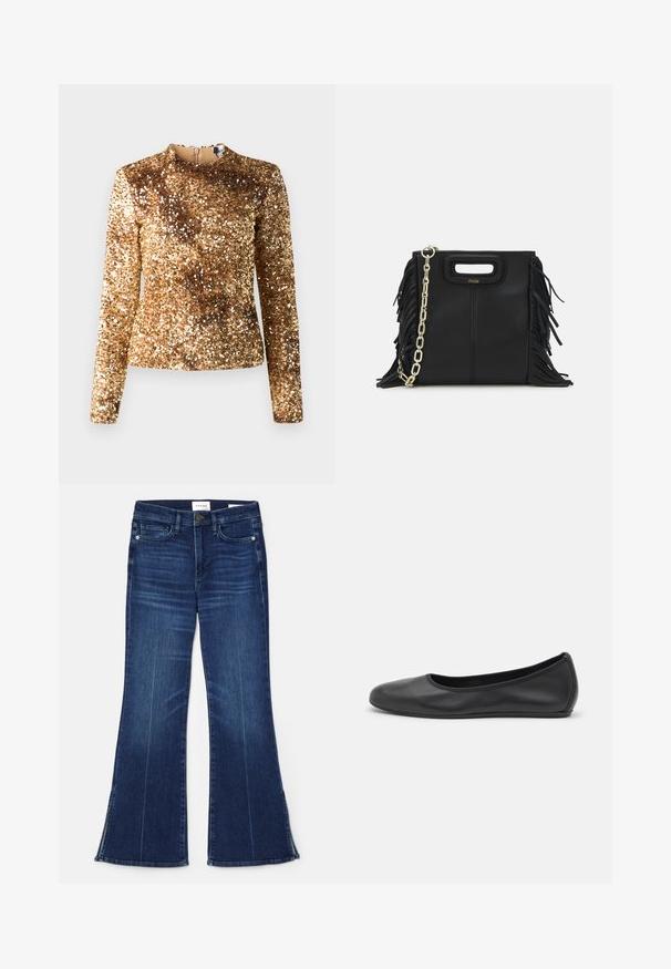 Zelta sekvīnu garām piedurknēm tops ar augstu apkakli un pieguļošu siluetu. Gluda tekstūra, vienveidīga mirdzoša raksts, slēgta aizmugurējā rāvējslēdzēja.; Tumši zili zvērīši, izgatavoti no denima. Iespējas augsta jostasvieta, priekšējās kabatas un šķēlumi apakšmalā. Klasisks piecu kabatu dizains.; Melna ādas baleta kurpe ar noapaļotu purngalu, gludu tekstūru, minimālu šuvju detalizāciju un elastīgu zoles dizainu.; Melna ādas rokassoma ar frizūras detaļām, zelta ķēdes plecu siksnu un izgrieztu rokturi. Ir logotipa novietojums priekšpusē.