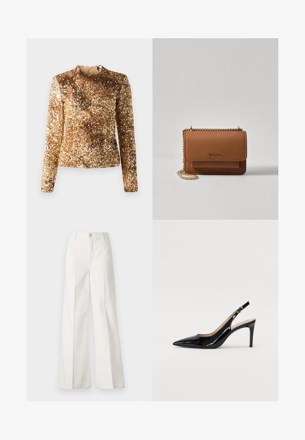 Top de lungime lungă cu paiete aurii, guler înalt și siluetă ajustată. Textură netedă, model strălucitor uniform, fermoar ascuns pe spate.; Pantaloni albi cu picioare largi, confecționați din bumbac cu o textură fină. Prezintă un buton în față, fermoar și un design cu patru buzunare.; Pantofi slingback din piele patent neagră, cu vârful ascuțit, tocul subțire și un design discret cu decupaj. Se evidențiază printr-un cataramă aurie pe curea.; Geantă crossbody din piele texturată maro, cu curea din lanț aurit și închidere cu clapetă. Partea din față prezintă detalii cu logo și o buzunar sub clapetă.