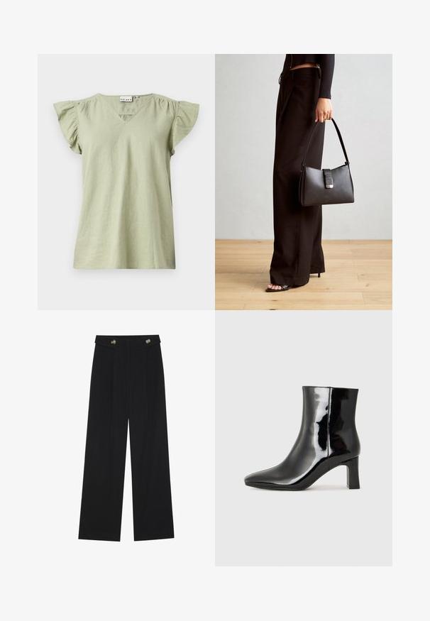 Blusa verde-claro com decote em V, mangas curtas com babados e um corte solto. Feita de um tecido suave com detalhes de textura mínimos.; Calças largas pretas com cintura alta, detalhes em botão na cintura e pregas frontais.; Botim de tornozelo em pele sintética preta com bico apontado e salto bloco de altura média. Textura suave e design minimalista.; Bolsa preta com forma estruturada, textura suave e um fecho metálico. Combinada com calças largas pretas e sandálias de salto aberto sobre um chão de madeira.