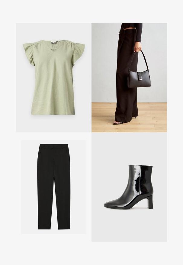 Top verde chiaro a maniche corte con scollatura a V, maniche arricciate e taglio ampio. Realizzato in tessuto morbido e leggero.; Pantaloni neri dal design sartoriale, con tasche laterali e gamba dritta. Realizzati in tessuto liscio e leggero con una finitura elegante.; Stivaletto in pelle verniciata nera con punta a punta e tacco a blocco di altezza media. Texture liscia e design minimalista.; Borsa nera con forma strutturata, texture liscia e una chiusura metallica. Abbinata a pantaloni neri larghi e sandali open-toe su un pavimento in legno.